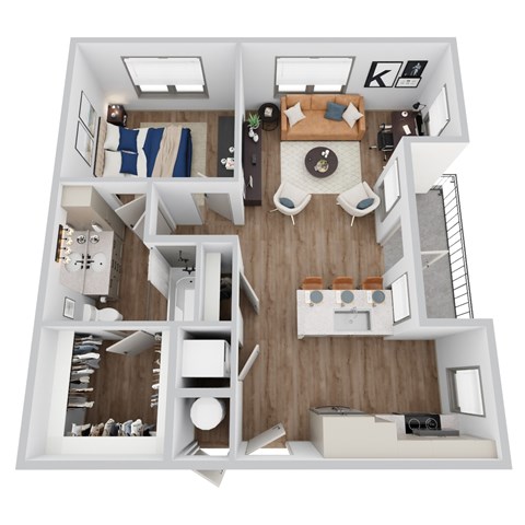 A 3D rendering of A4 floor plan at Era apartments in Denton, TX